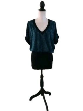 French Connection Women's Black & Teal Striped V-Neck Sweater